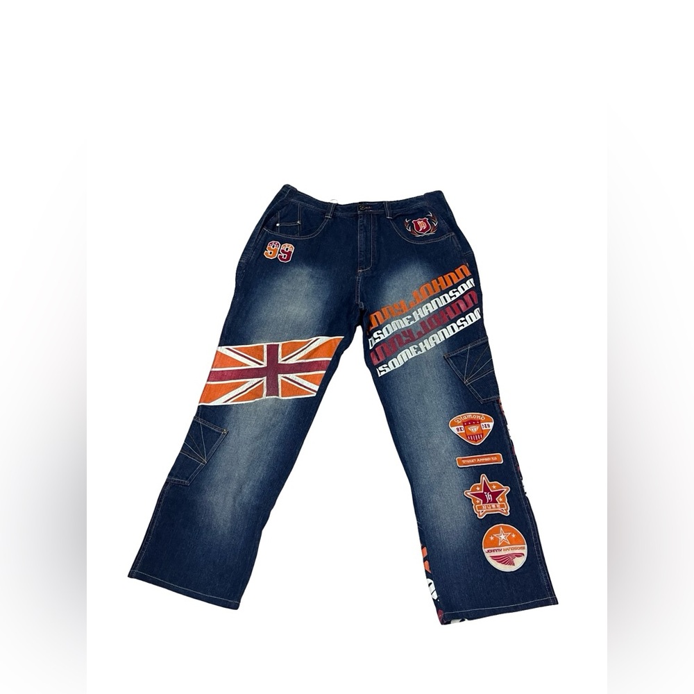 Vtg Johnny Handsome Baggy Union Flag AOP Jeans Sz 34 Skater Hip Hop Wide Leg